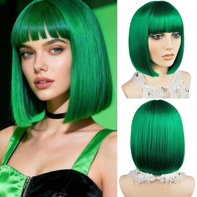 MAYSA Green Wigs with Bangs Short Straight Bob Bangs Wig 12in Synthetic Cosplay Halloween Costume Wig for Women # Green