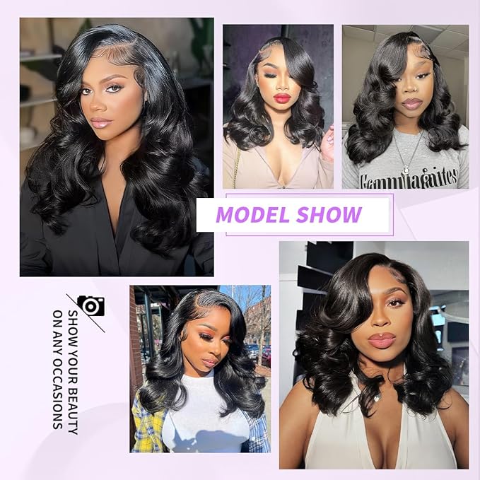 Tinashe Human Hair Wig Glueless Wigs Human Hair Pre Plucked Pre Cut Bob Wear And Go Loose Body Wave Layered Cut 6x5 HD Lace Front Wigs for Black Women Side Part Curtain Bangs Natural Black Wigs 16inch