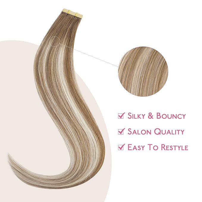 WENNALIFE Tape in Hair Extensions Human Hair Balayage Dirty Blonde with Platinum Ends Tape in Extensions, 10pcs 25g 14 inch Remy Invisible Tape Ins Straight Colored Soft Refill Set