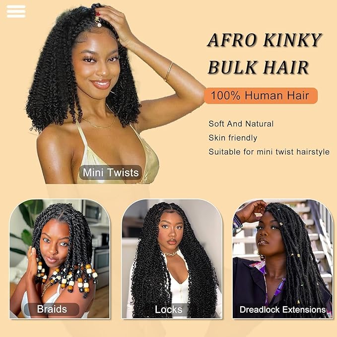 Afro Kinkys Bulk Human Hair 20 Inch for Braiding Afro Kinky-Curly Human Hair Bulk For Mini Twist, Repair Locs Hair Bulk Human Braiding Hair for Micro Dreadlocs Extensions(1B,35g/pack)