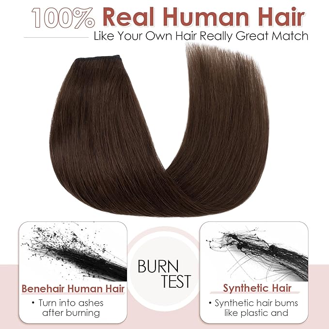 Benehair One Piece Clip in Hair Extensions Real Human Hair 3/4 Full Head V Shaped Weft Thicker Hair Lace Net One Piece Hair Extensions with 5 Clips (14"-55g #4 Medium Brown)