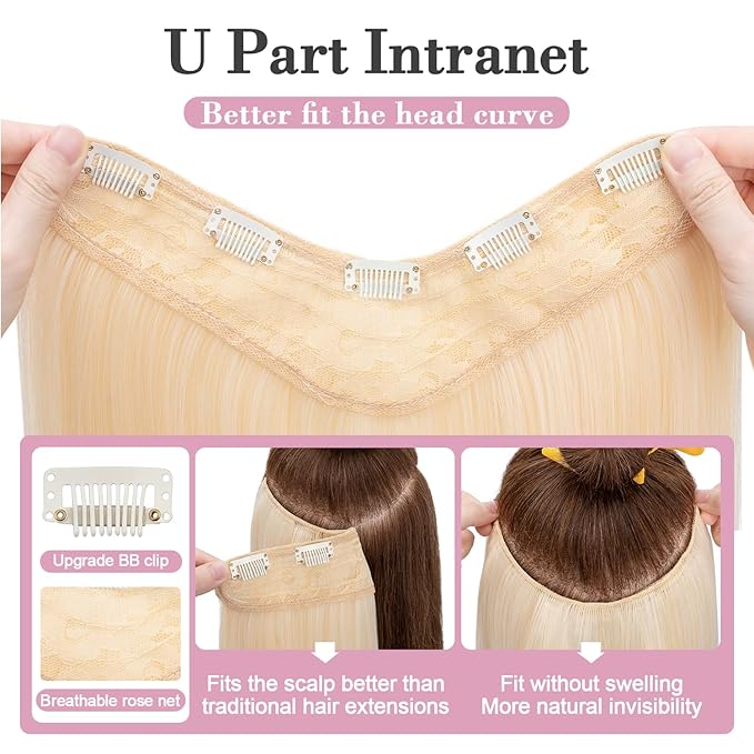 S-noilite One Piece Clip in Hair Extensions Balayage Blonde 18 Inch U-Shaped One Piece Weft Hair Extensions with 5 Clips Synthetic 3/4 Full Head Long Straight Clip in Hairpieces for Women,#02D/88/60