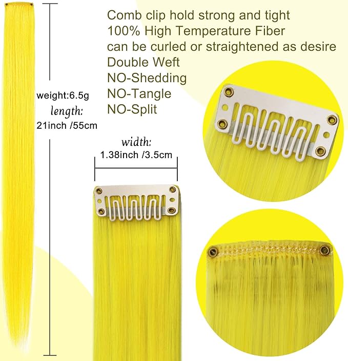 Rhyme 9PCS Princess Party Highlight Yellow Hairpieces 21 inch Colored Hair Extensions Clip in/on for Girls and Women Wig Pieces Hair Accessories (Yellow)