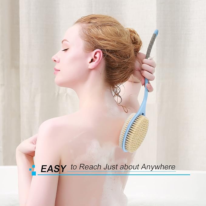 Shower Body Brush with Soft and Stiff Bristles,HONOMA Dual-Sided S Curved Long Handle Back Scrubber Body Exfoliator for Wet or Dry Bath Brushing(Blue)