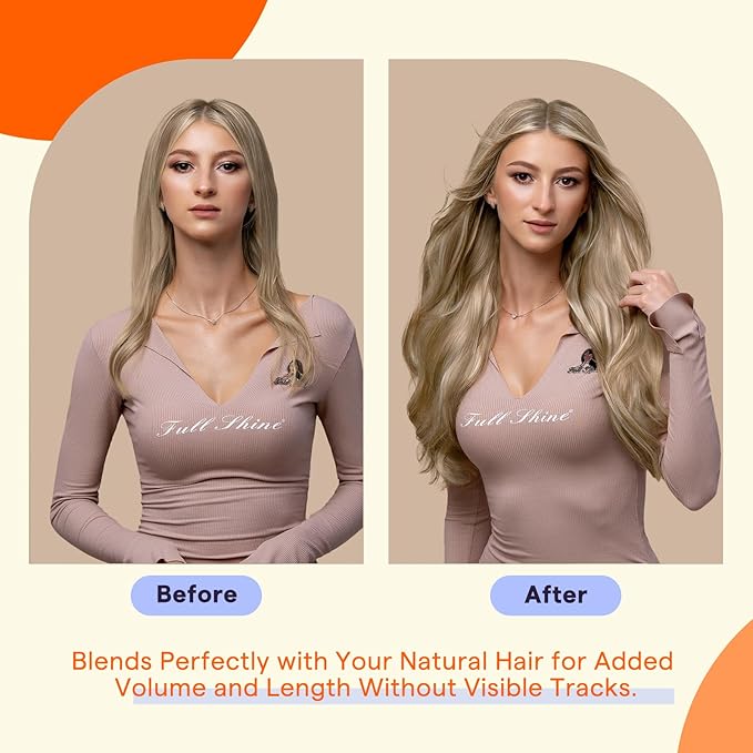 Full Shine Hair Extensions Tape ins Real Human Hair Color 16 Light Golden Blonde Highlighted 22 Blonde Human Hair 14 Inch 20Pieces 50Grams Natural Hair Tape in Extensions Straight Hair