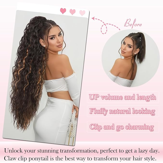ENBEAUTIFUL 30" Claw Clip Ponytail Extension Long Wavy Ponytail Extension Synthetic Pony Tails Hair Extensions Clip in Hair pieces Fluffy Natural Looking for Women Chocolate Brown with Caramel Blonde