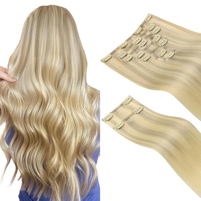 HOTBANANA Clip in Hair Extensions Real Human Hair, 135g 9pcs 16 inch Ash Blonde to Golden and Platinum Blonde Straight Remy Clip in Extensions Full Head for Women