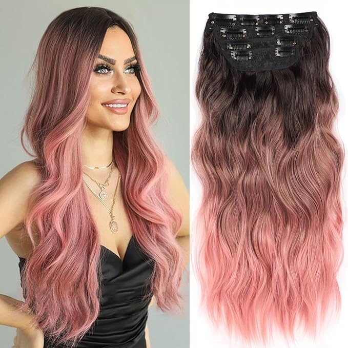 20 Inch Clip in Hair Extensions Long Wavy Synthetic Hair Extensions Thick Pink Hair Extension Clip ins Double Weft Hair Extension for Women (20INCH, PINK)