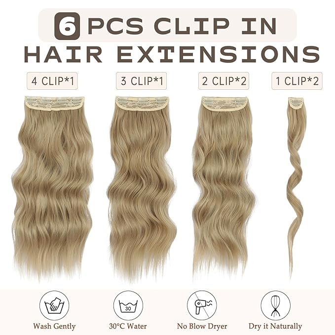 Vigorous Clip in Hair Extensions 6Pcs Mixed Dirty Blonde Hair Extension Clip Ins 20Inch Natural Soft Synthetic Hairpieces for Women(Mixed Dirty Blonde)