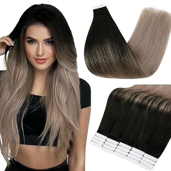 Full Shine Tape in Hair Extensions Human Hair 12 Inch Color 1B/18 Black to Blonde Fashion Double Sided Remy Human Hair Extensions Tape in 30g Invisible Natural Seamless Skin Weft 20PCS Thick End