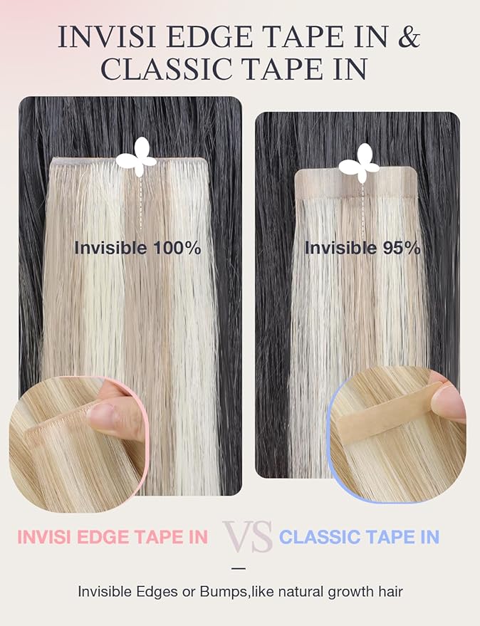 DOORES Invisi Edge Hair Extensions Tape in, Dark Blonde Highlighted Bleach Blonde 10 Injection Tape-ins with 10 Injection Tape-ins 50g 24 Inch, Injected Tape in Virgin Human Hair