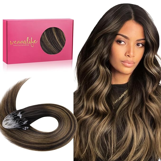 WENNALIFE Microlink Hair Extensions Human Hair, 50g 50s 16 Inch Balayage Dark Brown Mixed Chestnut Brown Remy Hair Microbead Micro Link Microloop Microring Invisible Straight Natural Fusion