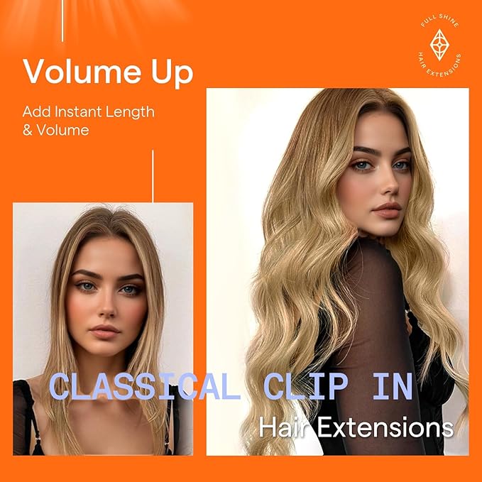Full Shine Human Hair Clip in Extension 18 Inch Golden Brown Ombre Clip on Hair Extensions for Thinning Hair Golden Brown to Blonde Hair Extensions Clip ins for Women Straight 7 Pcs 120 G