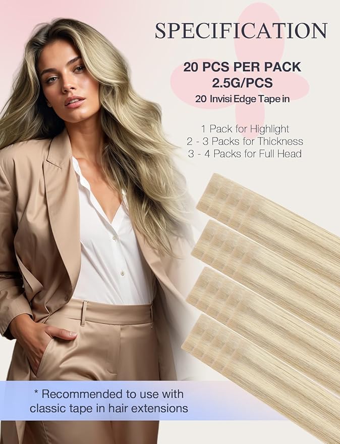 DOORES Invisi Edge Hair Extensions Real Human Hair Tape in, Dark Blonde Highlighted Bleach Blonde 10 Injection Tape-ins with 10 Injection Tape-ins 50g 20 Inch, Injected Tape in
