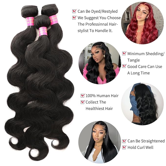 Bundles Human Hair with Closure (22 24 26+20 Inch) 12A Body Wave 3 Bundles with 5x5 Closure 100% Unprocessed Brazilian Virgin Quick Weave Bundles Human Hair Natural Black