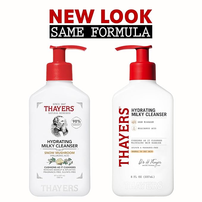 THAYERS Milky Hydrating Face Cleanser with Snow Mushroom Tremella and Hyaluronic Acid, Dermatologist Recommended Gentle Facial Wash, Hydrating Skincare for Dry, Sensitive Skin, Paraben Free, 8 Fl Oz