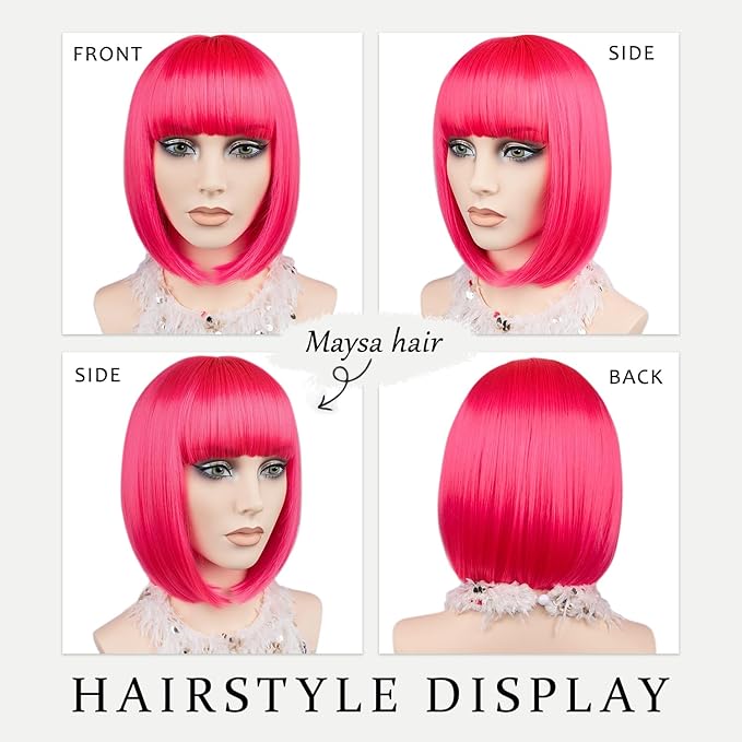 MAYSA Hot Pink Bob Wig with Bangs for Women Short Straight Bob Wigs 12in Synthetic Cosplay Halloween Party Neon Wigs # Hot Pink