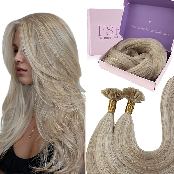 Fshine Hot Fusion Remy Hair Extensions 14 Inch Ash Blonde Mixed with Bleach Blonde Nail Tip Remy Human Hair Extensions Keratin Bondings Highlight Human Hair Extensions 40g 0.8g/s