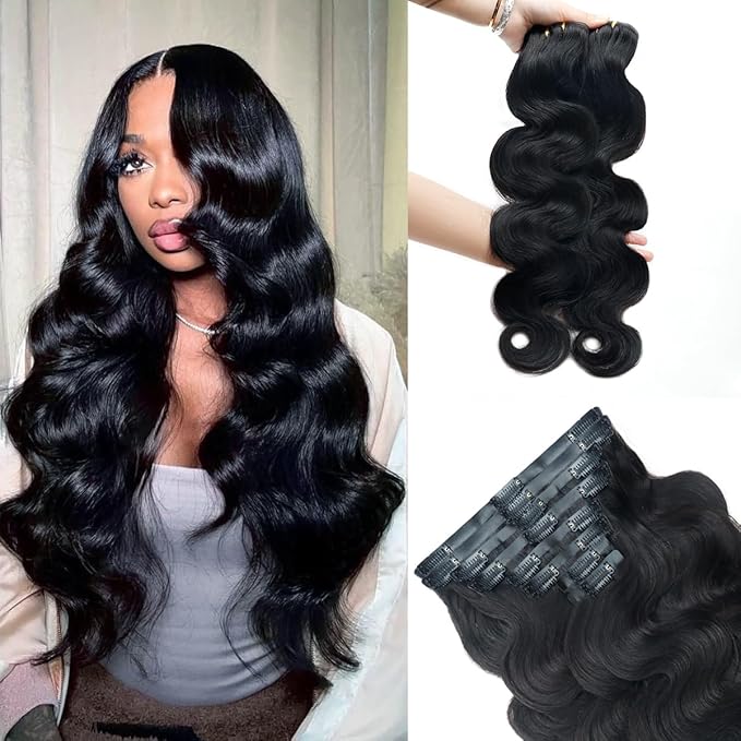 2 Pack 240g Body Wave Clip in Hair Extensions Real Human Hair 16 Pcs Seamless Clip ins for Women Full Head with PU Skin Weft 15A Remy Human Hair 14inch Natural Black