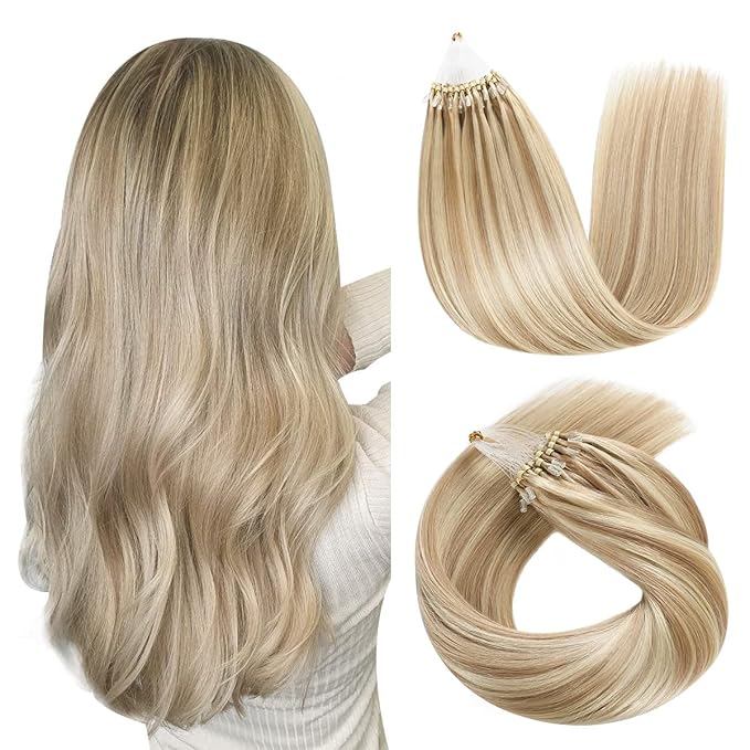 SUYYA Micro Loop Hair Extensions Real Human Hair Ash Blonde/Bleach Blonde Micro Links Straight Microlink Hair Extensions 50 Strands 50g/Pack for Women (18 inch #P18/613)