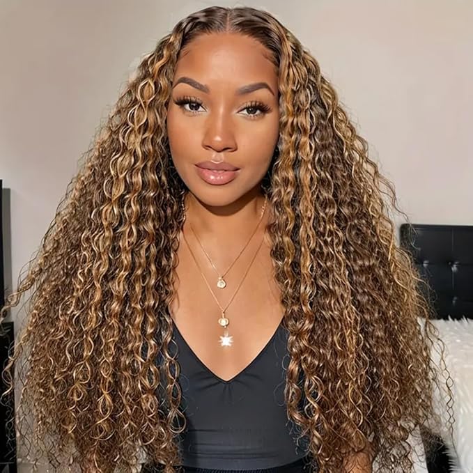 Highlight 13x4 HD Lace Front Wigs Human Hair 4/27 Deep Wave for Black Women 180 Density Ombre Honey Blonde Curly Glueless Lace Frontal Wigs Human Hair Pre Plucked (32inch)