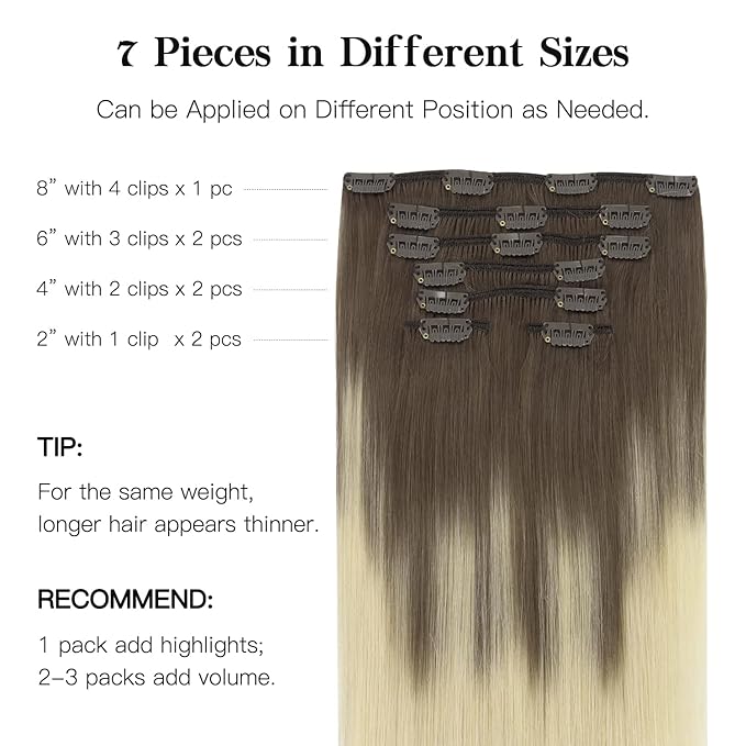 HOTBANANA Human Hair Clip in Hair Extensions, Ombre Sandy Brown to Platinum Blonde 120g Clip in Hair Extensions Real Human Hair Straight Remy Hair Clip in Hair Extensions 16 Inch 7pcs