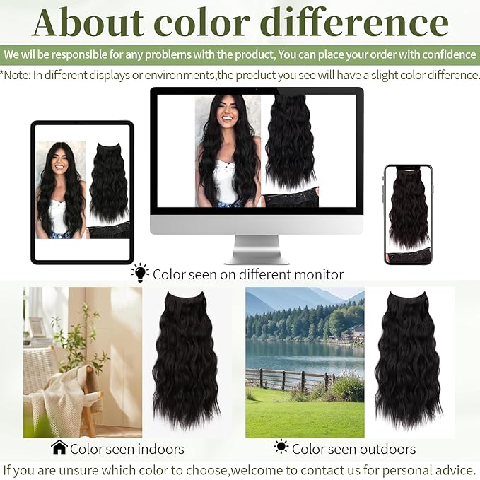 KooKaStyle Invisible Wire Hair Extensions with Transparent Headband Adjustable Size 4 Secure Clips Long Wavy Secret Wire Hairpiece for Women(24 Inch Natural Black)