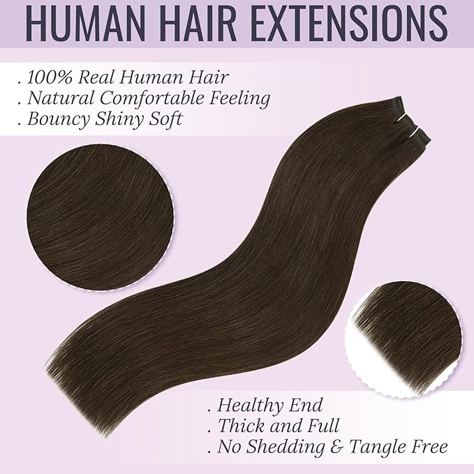 Fshine Weft Hair Extensions Real Human Hair 14 inch 100 g, Dark Brown Double Weft Full Head, Seamless Invisible Design, Suitable for Travel Daily Wear Elegant Looks Easy to Maintain Blend Naturally