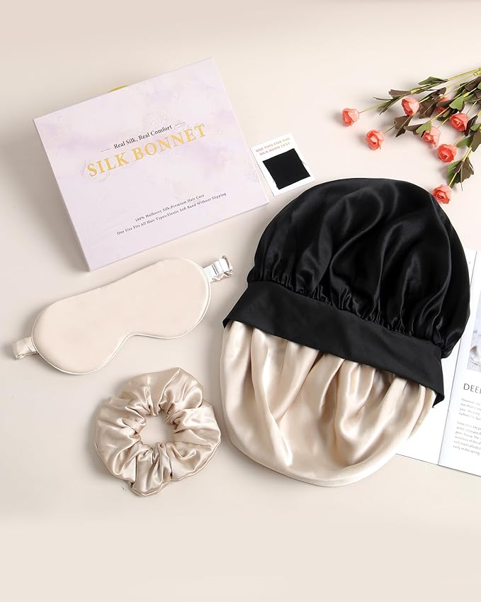 Mulberry Silk Bonnet Sleeping Women Curly Hair Bonnets Tie Band Double Layer Reversible Sleep Bonnet Silk Hair Wrap Sleep Cap
