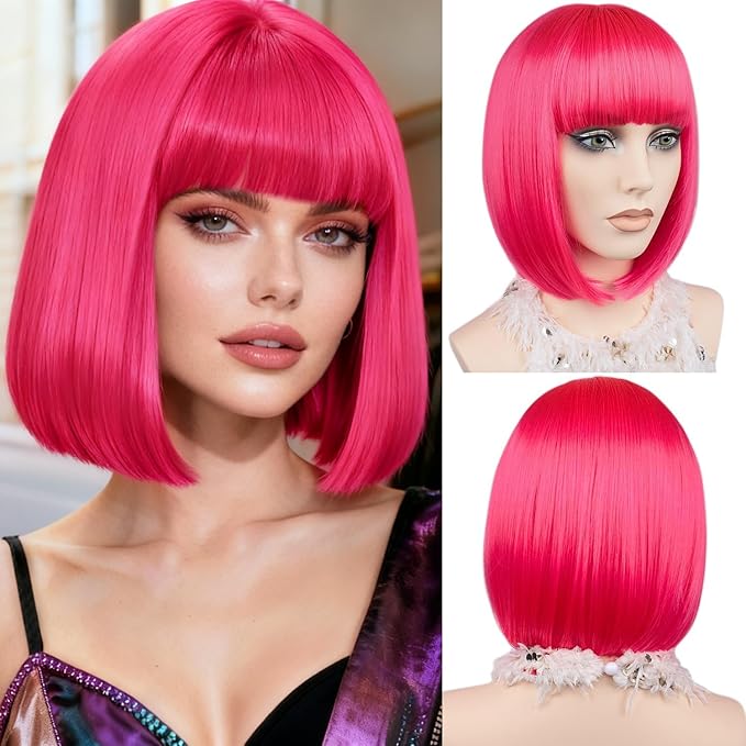 MAYSA Hot Pink Bob Wig with Bangs for Women Short Straight Bob Wigs 12in Synthetic Cosplay Halloween Party Neon Wigs # Hot Pink