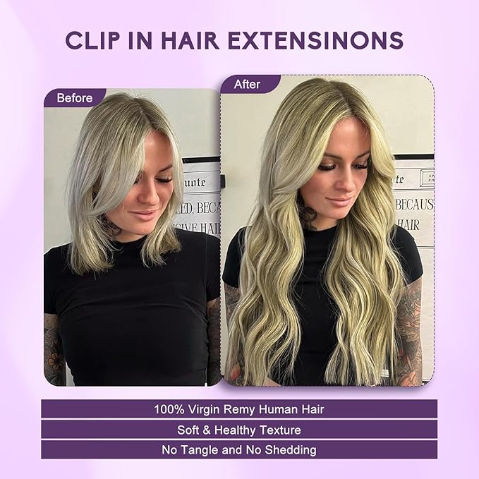 Blonde Clip in Hair Extensions Real Human Hair 8pcs Per Set with Double Weft 100% Seamless Blonde Hair Extensions for Women #8p613 Mixed Bleach Blonde 24inch 120g/4.2oz