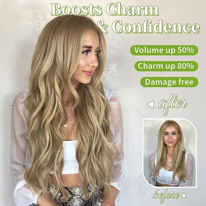 KooKaStyle Invisible Wire Hair Extensions with Transparent Headband Adjustable Size 4 Secure Clips Long Wavy Secret Wire Hairpiece for Women(24Inch Light Brown mix Golden Blonde)