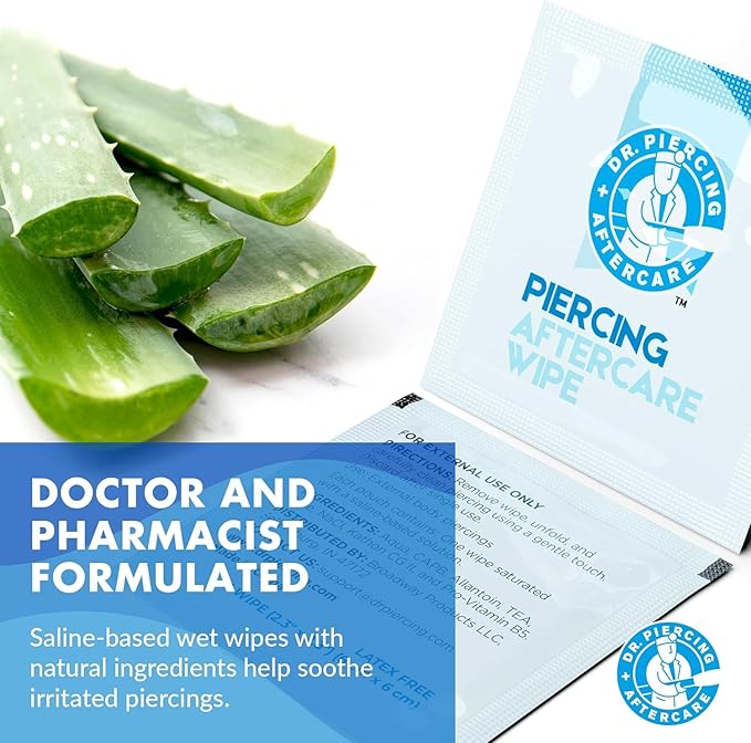 Dr. Piercing Aftercare Wipes – Piercing Aftercare | Saline Solution for Piercings - Keloid Bump Ear Piercing Cleaner – Ears Lips Belly Nose Piercing Bump - Piercing Hole Cleaner (200 Count)