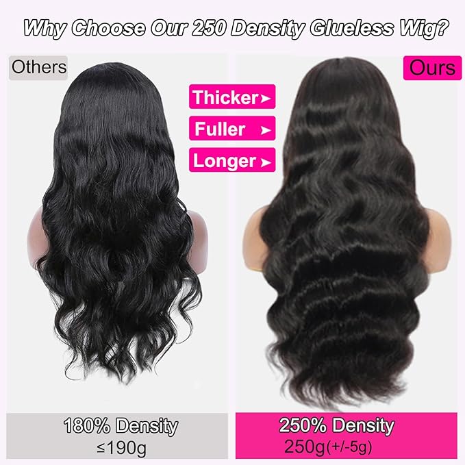 250% Density 6x4 Wear and Go Wig, 100% Human Hair, [2-year life, 250g], Body Wave Glueless Closure Wigs Human Hair Pre Plucked Pre Cut Middle Part, 26 Inch