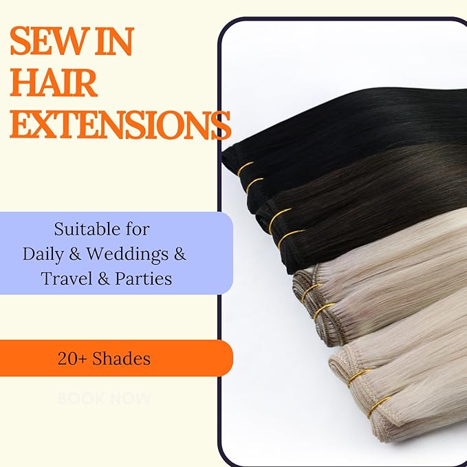 Full Shine Weft Hair Extensions Human Hair 24 Inch 130G Invisible Sew In Extensions Color Dark Brown To Ash Brown Highlight Dark Brown Thick Human Hair Extensions Sew In