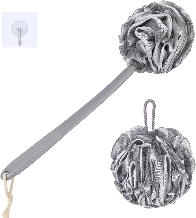 VANZAVANZU Loofah Sponge Set Back Scrubber for Shower, Anti-Slip Plastic 17" Handle Loofah on a Stick with Fluffy Shower Sponge, PE Soft Mesh Shower Loofahs-Gray with White Edge