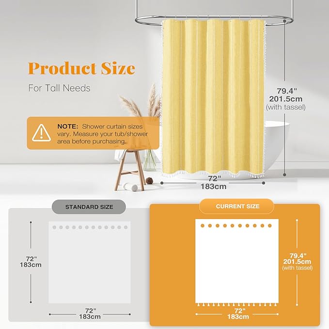 BTTN 78 Inch Long Shower Curtain - Boho Farmhouse Linen Thick Striped Fabric Shower Curtain Set with Plastic Hook, Tall Rustic Country Modern Luxury Cloth Shower Curtains for Bathroom - Yellow - 72x78
