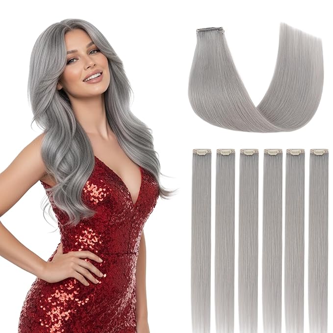 Clip in Hair Extensions Real Human Hair for Women, 10 Inch 31g 6pcs, Grey, Straight - Highlight, Add Volume and Length for Daily Wear, Parties, Weddings