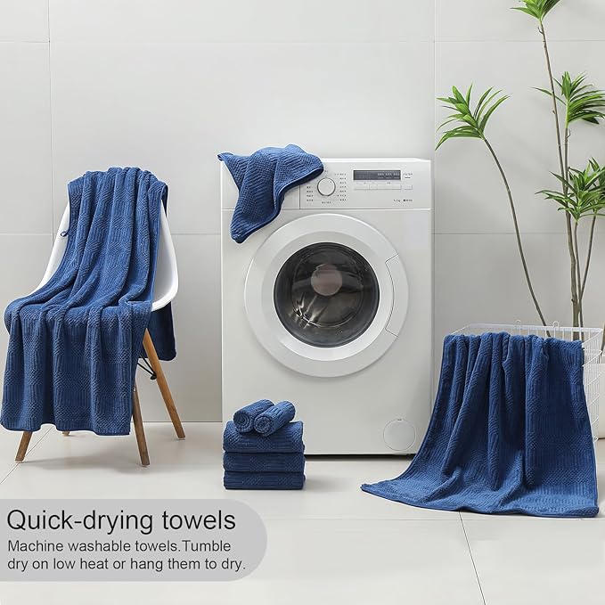 8 Piece Bath Towel Set-2 Oversized Bath Sheets(35"x70"),2 Hand Towels,4 Washcloths-Extra Large Microfiber Towel Sets,Less Lint Highly Absorbent & Quick Dry Bath Towels for Bathroom Gym Pool,Navy