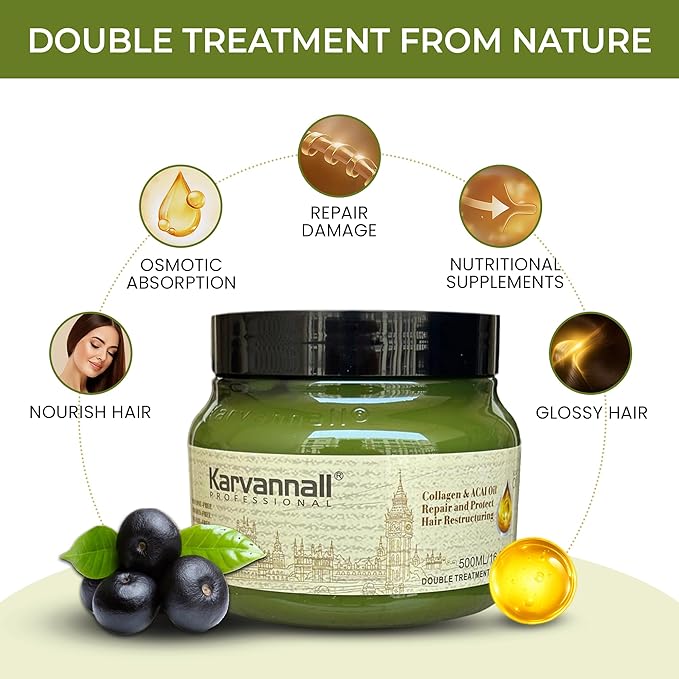 Double Treatment Hair Mask | Collagen & Acai Oil, Hair Repair Treatment Cream for Dry, Damaged & Color-Treated Hair, Sulfate & Paraben-Free, For All Hair Types, 16.9 fl oz / 500 ml