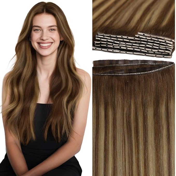 Lacer Brown Human Hair Butterfly Weft Extensions 18 INCH Wide Seamless Cuttable with Beaded Wefts Chocolate Brown To Caramel Blonde With Brown Roots 100g Comes with Tools Twintab Weft For Women 31.5"