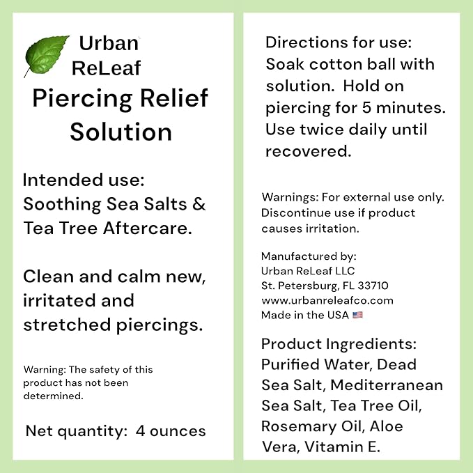 Urban ReLeaf PIERCING RELIEF Solution ! Safely Clean, Soothe & Gently Calm New, Irritated and Bumpy Piercings. 100% Natural Sea Salt, Tea Tree, Rosemary