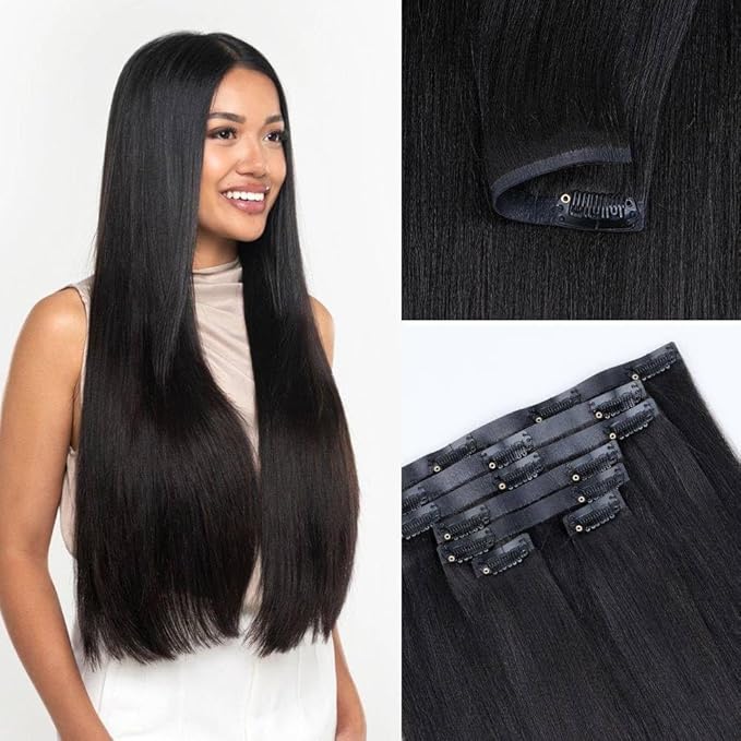 Silky Straight Seamless Clip in Hair Extensions Remy Human Hair Extensions 1Pack 100g 7pcs Silky Straight Clip Ins Hair Extensions Clip In Human Hair 16Inch Natural Black