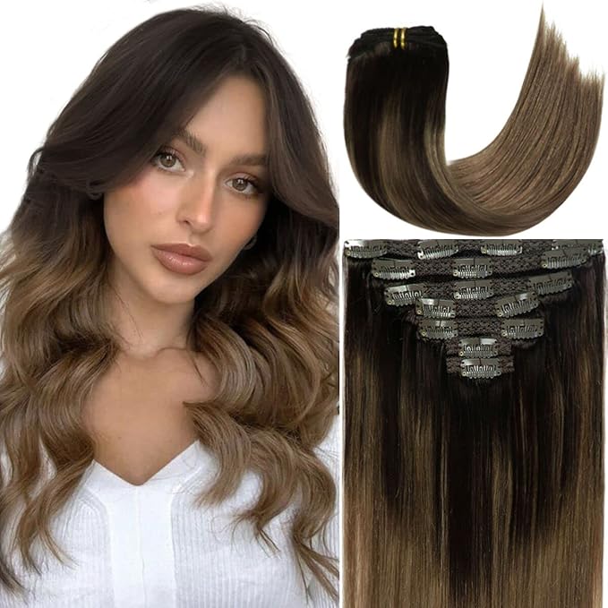 Caliee Human Hair Extensions Clip in 18Inch B2/6 Balayage Darkest Brown Fading to Chestnut Brown Clip in Hair Extensions Human Hair Straight Thick Natural Hair Extension Double Weft 7Pcs 120G