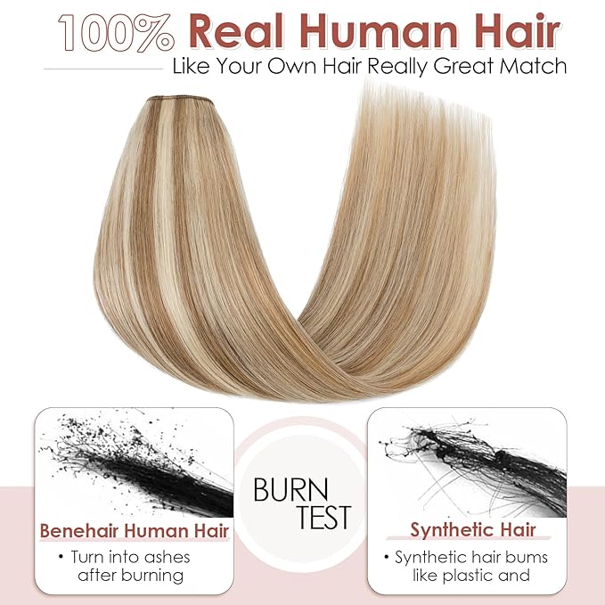 Benehair One Piece 5 Clips in Hair Extensions Human Hair 3/4 Full Head V Shaped Weft Thick Lace Net For Women (22"-75g #12P613 Golden Brown Mixed Bleach Blonde)