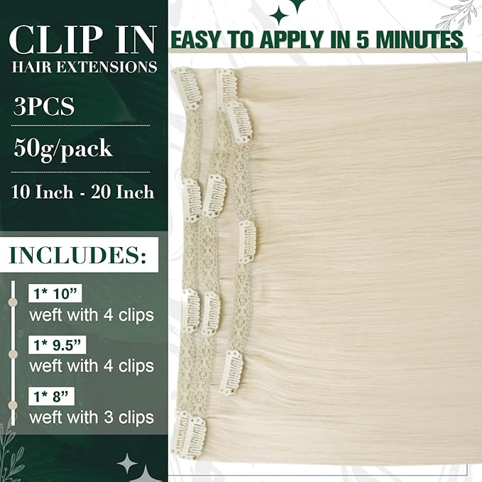 RUNATURE Blonde Clip in Hair Extensions Human Hair, Smooth Soft Hair, Platinum Blonde Human Hair Clip in Extensions, Tangle-free, Easy to Install, 14 Inch 50g 3pcs #800