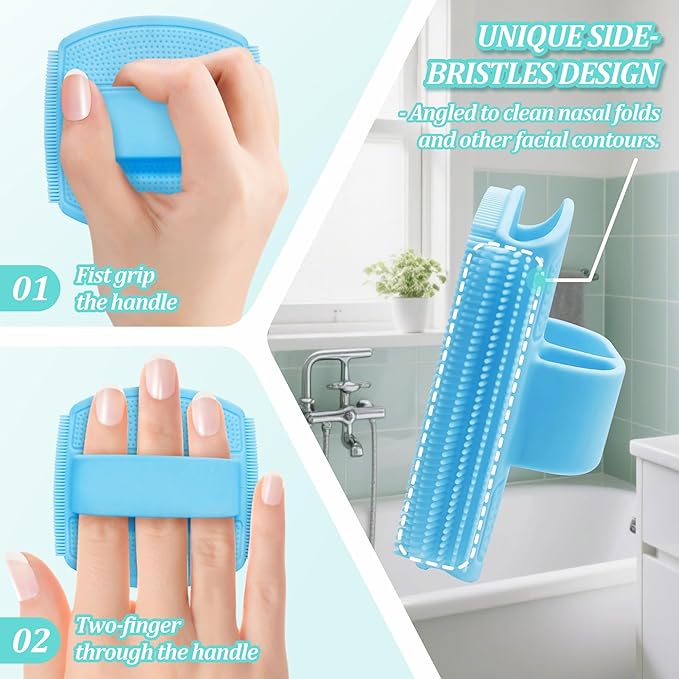 Soft Silicone Bath Glove & Face Scrubber Set 2PCS, 360° Anti-Slip & Hand-fit Body Scrubber for Rich Foaming Deep Cleaning, Unique Facial Scrubber with Side-bristles for Contoured Areas.(Blue)
