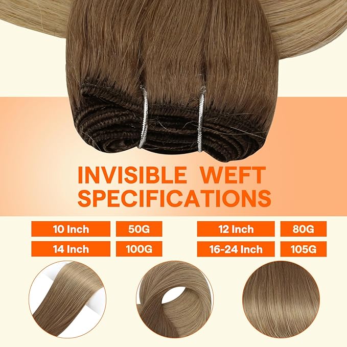 Full Shine 18 Inch Weft Hair Extensions Human Hair Sew In Extensions Real Human Hair Ombre Hair Extensions Sew In Color Golden Brown To Blonde Hair Weft 105G 18 Inch