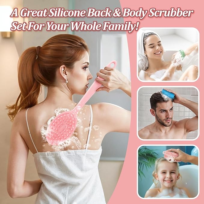 Silicone Back Scrubber & Bath Glove Set 2PCS, 13.4'' Gentle Shower Back Scrubber with Dual-Side Head Non-Slip Handle, 360° Anti-Slip Hand-fit Bath Glove for Rich Foaming Deep Cleaning(Pink)
