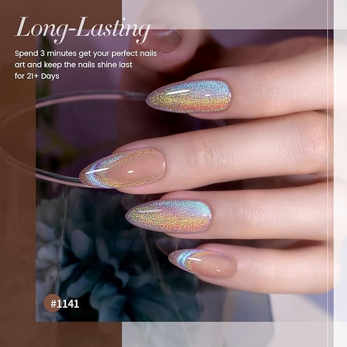 RARJSM Nude Pink Holographic Rainbow Glitter Cat Eye Gel Nail Polish Set 6Pcs Blue Rose Pink Purple Green Orange Galaxy Aurora Cateye Glitter with Magnetic Stick UV LED Curing Require Home Salon